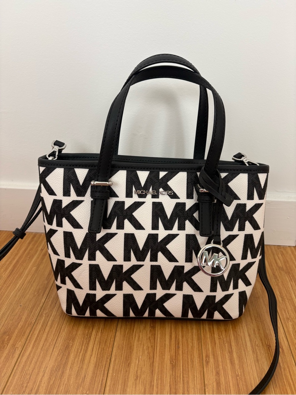 Michael Kors Black & White MK Logo Crossbody Satchel - Picture 2 of 5